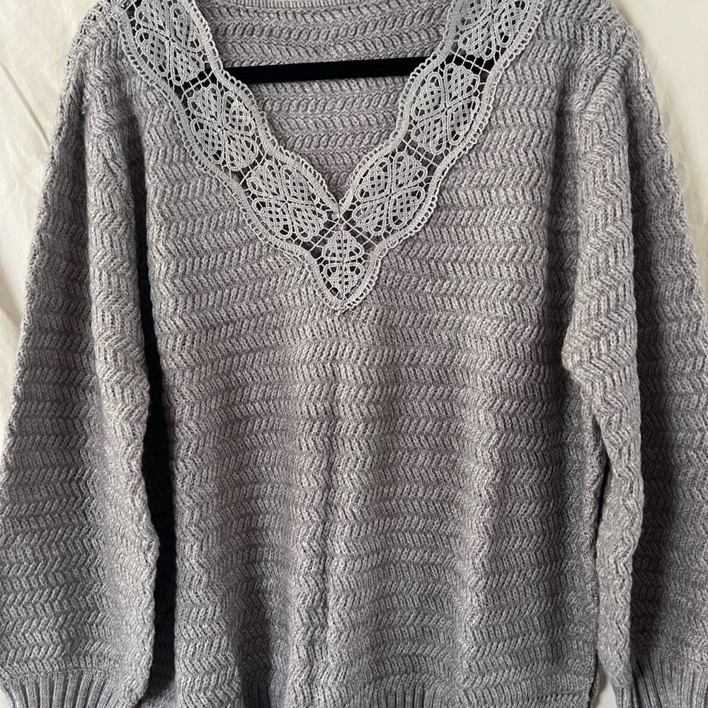 Gray Women's Sweater with Lace Detail